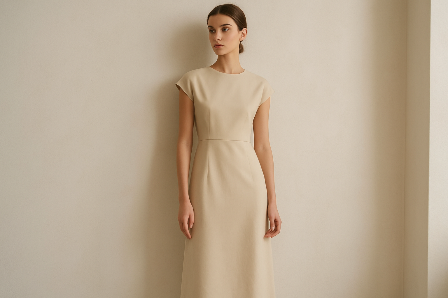 A single female model wearing a beige minimalist dress, standing against a clean, light-toned wall. The lighting is soft and natural, creating a calm and elegant atmosphere.